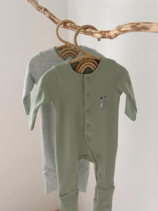 100% Cotton Oeko-Tex Certified Zipper-Closure Footed Romper Set – Almond Green (Set of 2)