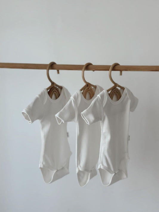 White 100% Cotton Oeko-Tex® Certified Short Sleeve Bodysuit Set – 3-Piece, 5-Piece, 7-Piece