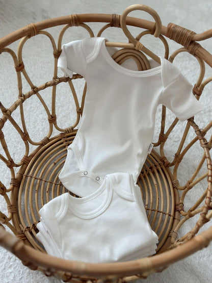 White 100% Cotton Oeko-Tex® Certified Short Sleeve Bodysuit Set – 3-Piece, 5-Piece, 7-Piece