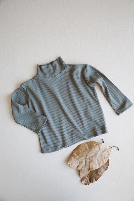 Light gray long-sleeved half turtleneck t-shirt.
