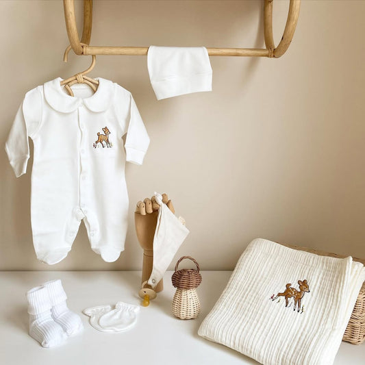 Handmade Muslin Baby Set – Fawn Embroidery