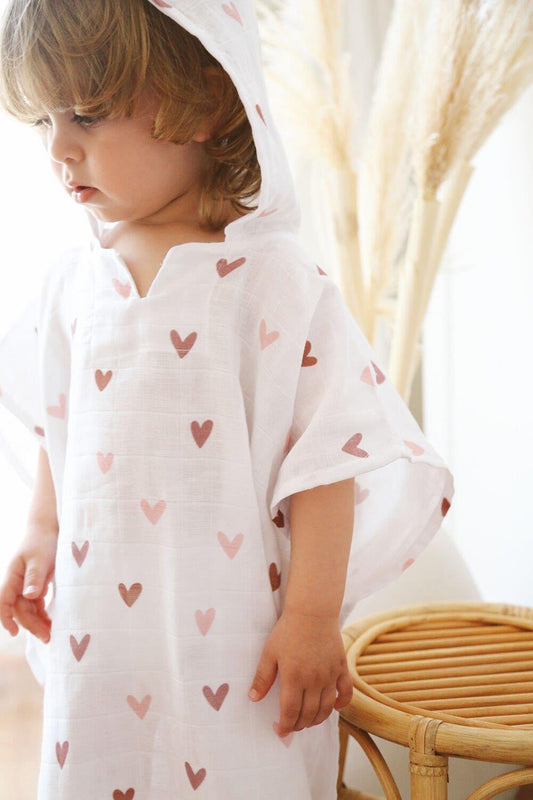 Heart 100% Cotton Hooded Muslin Poncho – 1-5 Years