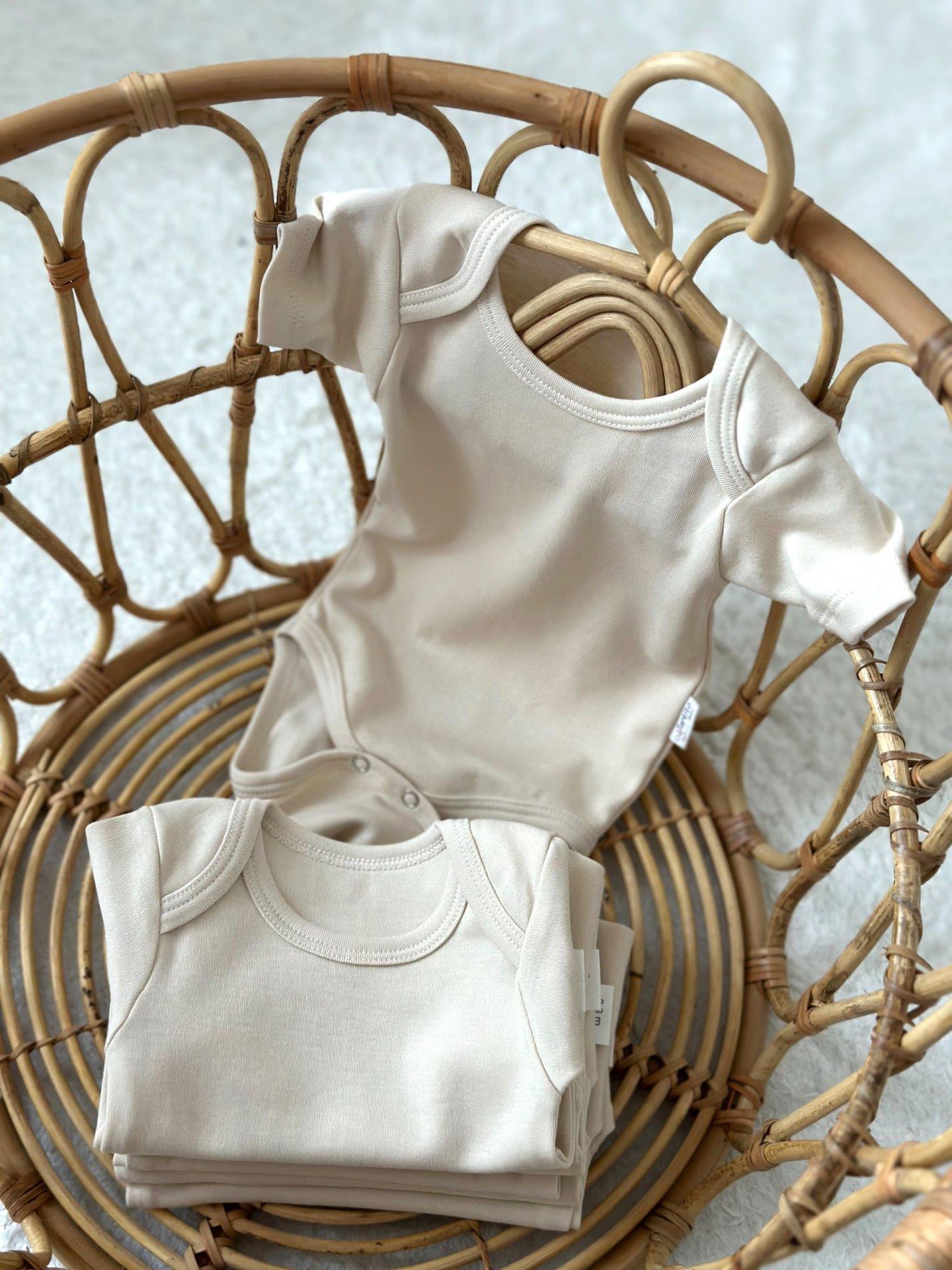 Cream 100% Cotton Oeko-Tex Certified Short Sleeve Bodysuit Set – Set of 3, 5, or 7 - MunchieBaby