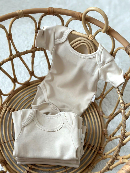 Cream 100% Cotton Oeko-Tex Certified Short Sleeve Bodysuit Set – Set of 3, 5, or 7 - MunchieBaby